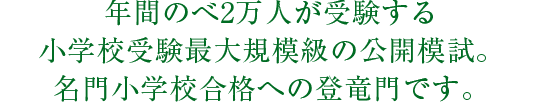 年間のべ2万人が受験する小学校受験最大規模級の公開模試。名門小学校合格への登竜門です。